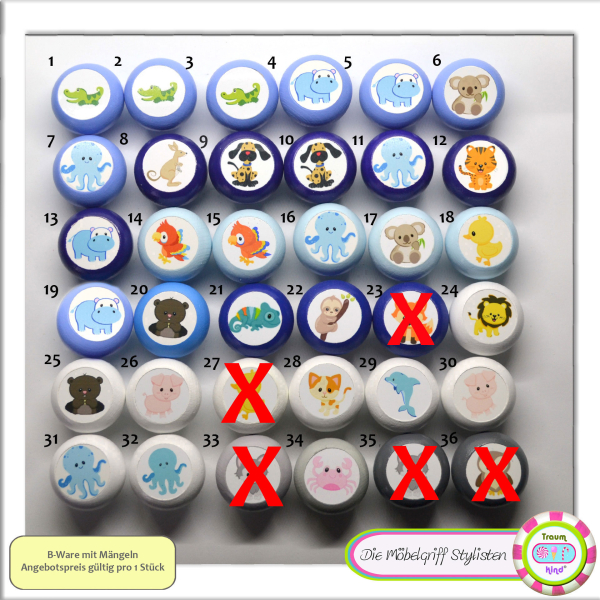 B-stock Kids dresser knob kids wooden blue animals lion tiger koala grey white