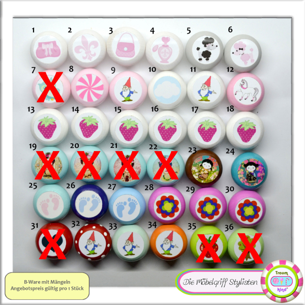 B-stock Kids dresser knob white wood beech strawberry Frida Kahlo geisha dwarf poodle cloud feet 70s flower