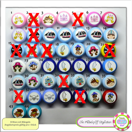 B-stock Kids dresser knob pirat princess wooden pink blue