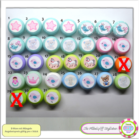 B-stock Kids cabinet knob solid beech wood children's room turqouise stars bird bear horse pink