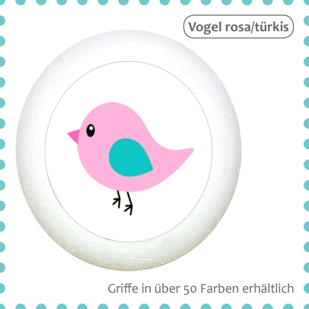 Möbelknauf Vogel rosa/türkis Massivholz Buche individuell